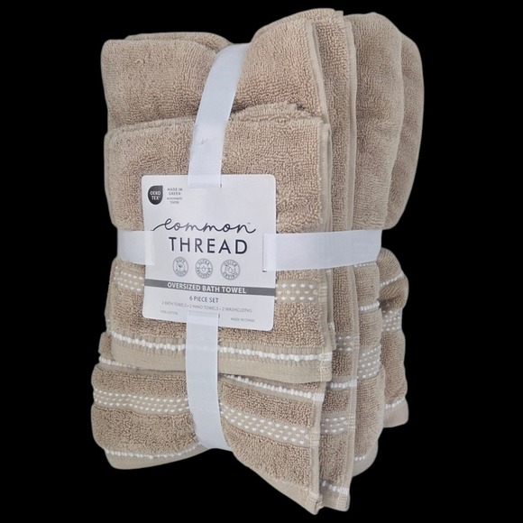 Common Thread 6pc Tan Cotton Towel Set Bath Hand Wash Quick Dry Ultra‎ Absorbent - Picture 6 of 7